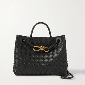 NEW! Black Leather Woven Small Tote Bag with Gold Accent
